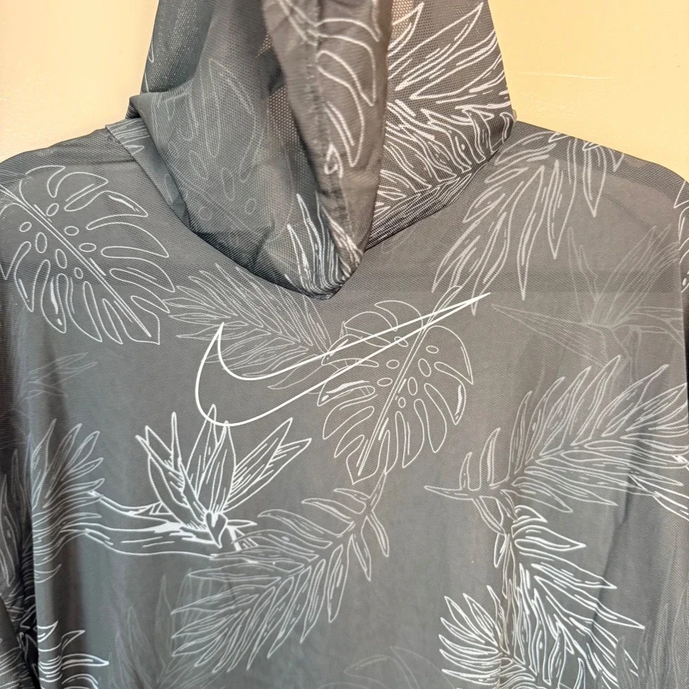 Nike Womens Dri-FIT Tropical Palm‎ Print Hoodie Black Mesh Adjustable Hem Medium